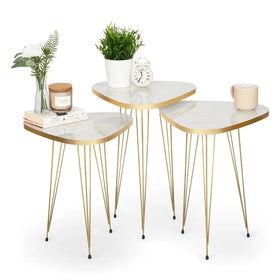 Set of 3 Modern Nesting Side Tables with Wooden Tops & Gold Hairpin Legs