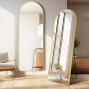 Modern Arched Full-Length Mirror with Wooden Frame and Metal Stand