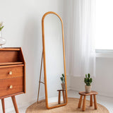 Modern Arched Full-Length Mirror with Wooden Frame and Metal Stand