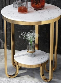 Round Side Table with Wooden Top and Golden Base