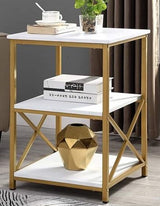 Modern White Wooden Side Table with Gold Metal Frame – 3-Tier